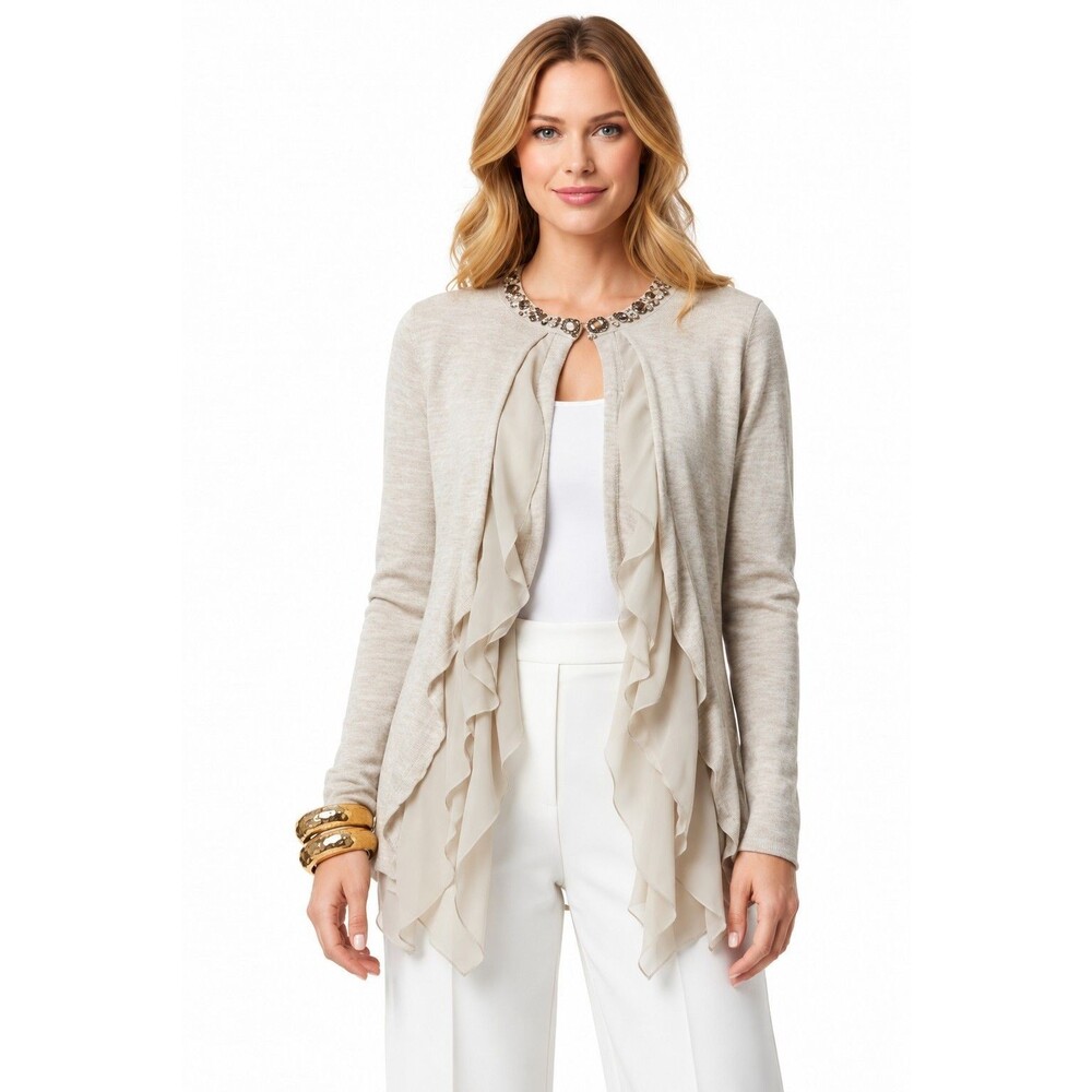 Lafayette 148 Waterfall Front Drapery Linen Crystal Embellished Cardigan SZ XL